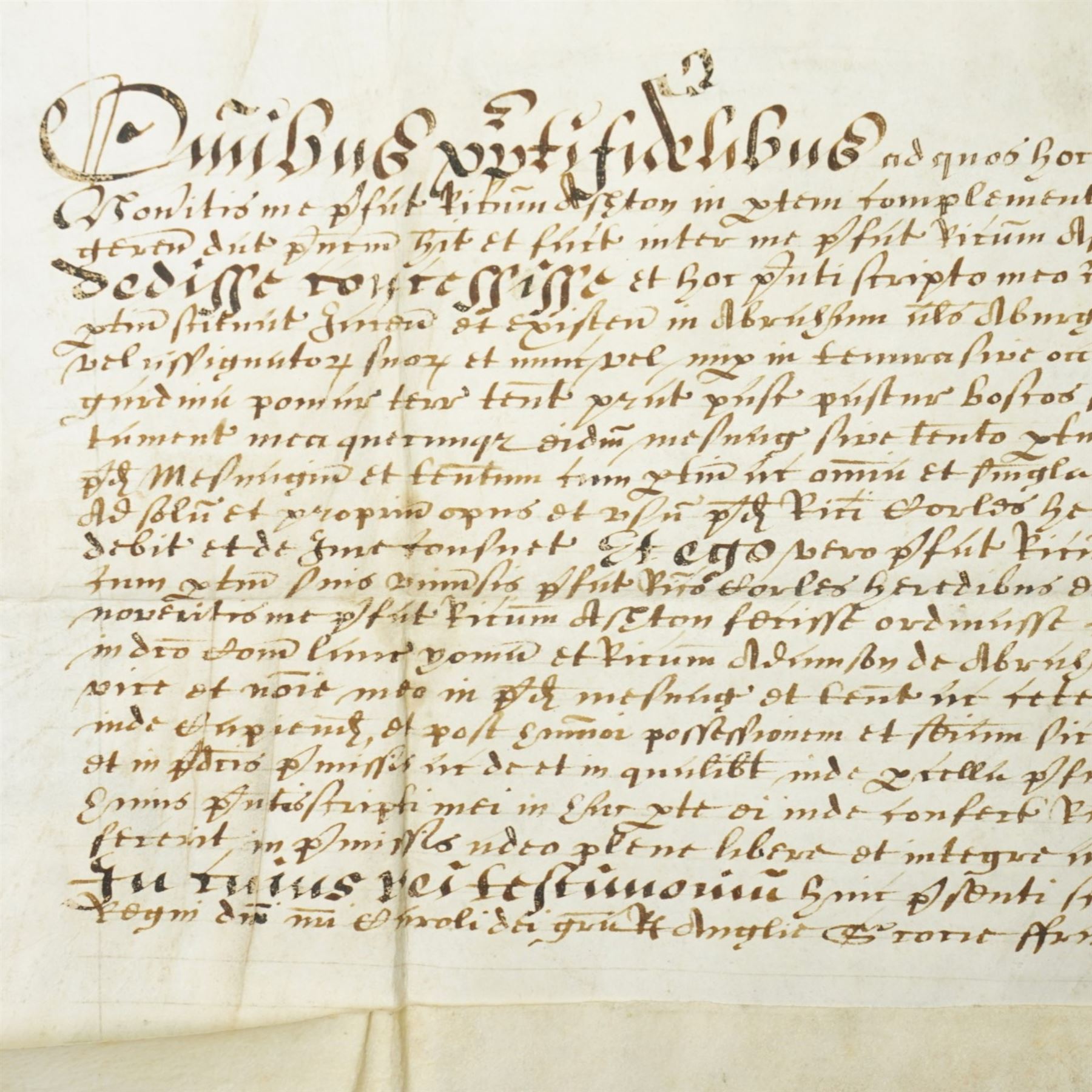 Two pages of 16th century German text referencing Columbus 31cm x 19cm, Charles I Confirmation Deed indenture 1627, King James indenture and a 19th century Mortgage indenture Collins to Stonehouse