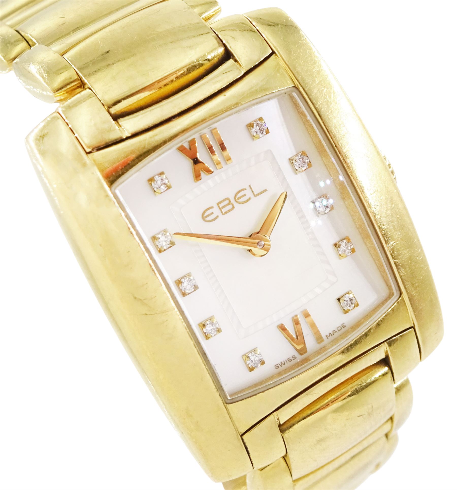 Ebel Brasilia ladies 18ct gold quartz wristwatch, Cal. 967, mother of pearl dial with diamond dot hour markers, on integral 18ct gold bracelet, with fold-over clasp, stamped 750 with Bernard dog hallmark