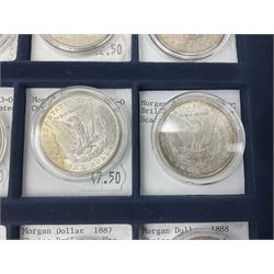 Twelve United States of America silver Morgan dollar coins, dated 1878 S, 1879 S, 1880 S, 1881 S, 1882 O, 1883 O, 1884 O, 1884 CC, 1885 O, 1886, 1887 and 1888