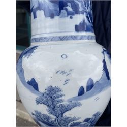 Qing Dynasty Yen Yen blue and white vase in the Kangxi style decorated with a lake landscape surrounded by rocky cliffs, figures in a boat and on the shore H45cm 