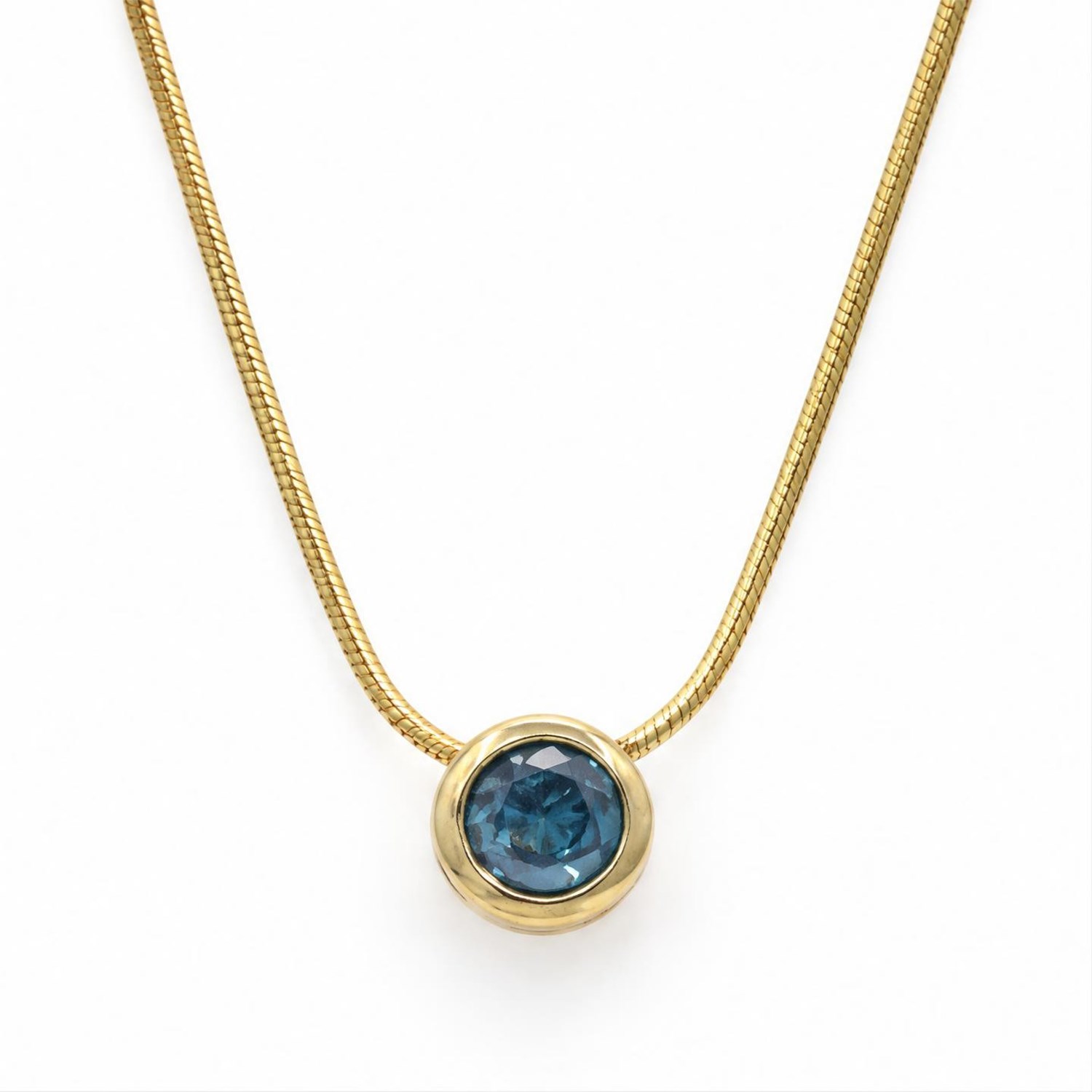 18ct gold fancy blue diamond necklace, single bezel set round brilliant cut diamond pendant, on snake link chain necklace, stamped 750, total diamond weight approx 0.60 carat