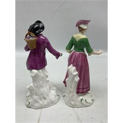 Seven Spode Chelsea figures, comprising no.1, no.2, no.3, no.4, no.6 and two further smaller examples, together with a Dresden figure of a gentleman, no. K10003, and a Delft style figure of a boy, some with boxes, tallest H23cm (9)