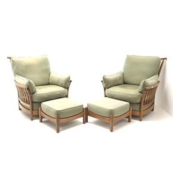 Ercol Golden Dawn finish elm two seat sofa (W145cm) a pair of matching armchairs (W90cm) and two foot stools (5)  