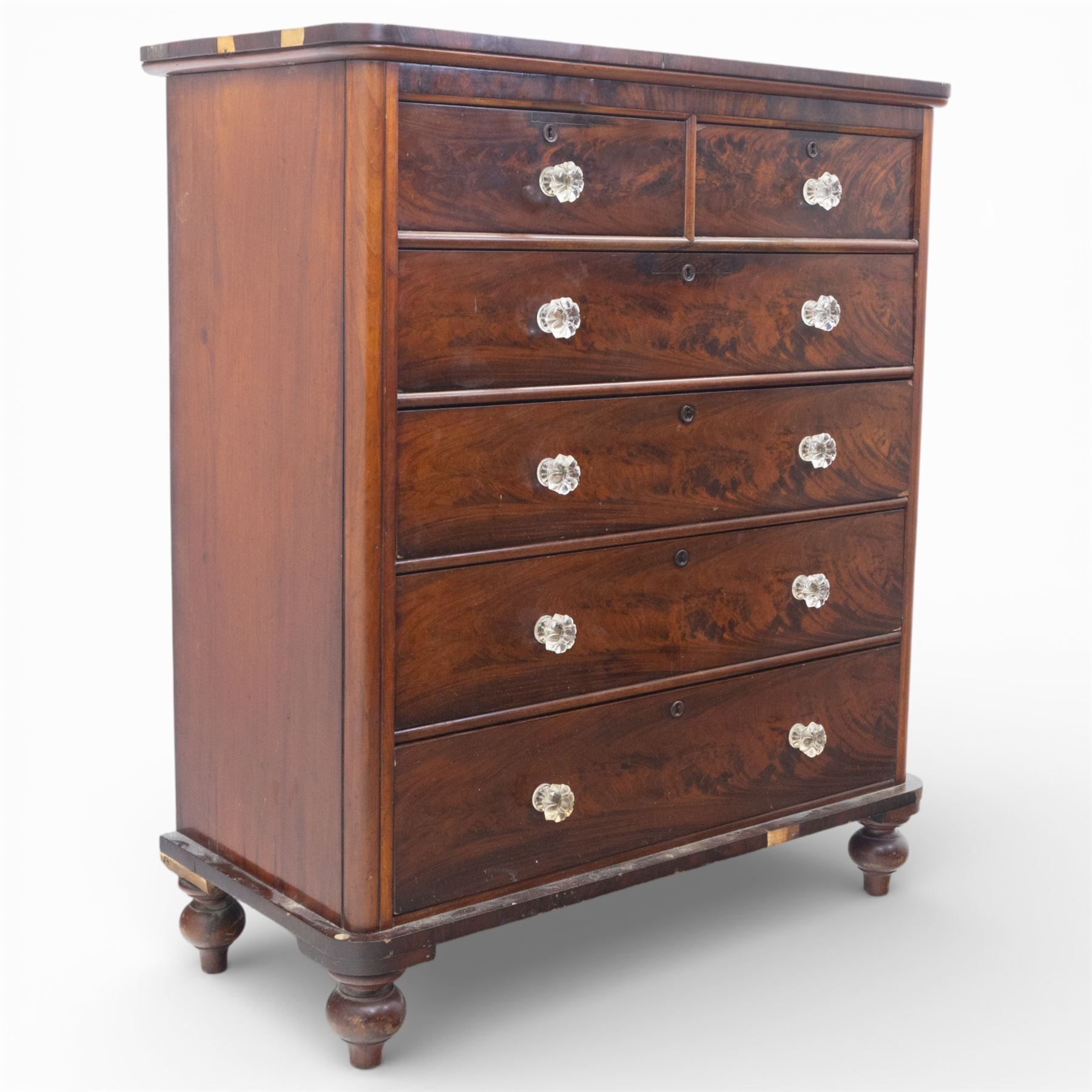 Victorian flame mahogany chest, fitted with two short over four long graduating drawers