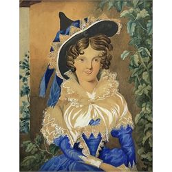 English School (19th century): Elizabethan Witch in Blue Dress and Hat, stipple engraving overpainted with watercolour unsigned, housed in gilt frame 21cm x 16cm