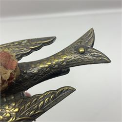 Victorian gilt metal humming bird sewing clamp, H13cm