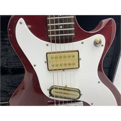 Gibson Marauder style six-string electric guitar with cherry coloured body, marked made in Japan L101cm; in locking hard carry case