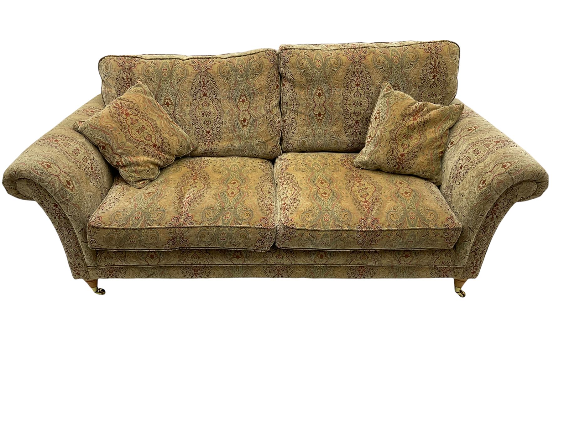 Parker Knoll two seat sofa, upholstered in natural beige patterned fabric