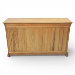 Contemporary oak veneered sideboard, moulded rectangular top above a six drawer arrangement, three over three, each drawer with turned ebonised style knob handle, panelled ends, raised on a shaped plinth base with bracket feet