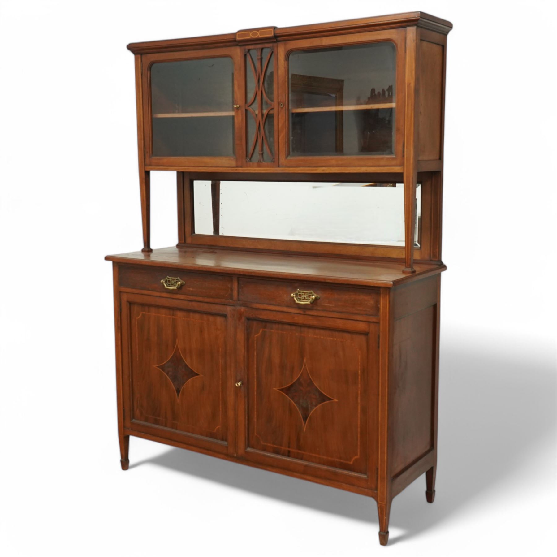 Early 20th century French mahogany dresser, raised display cabinets over bevelled mirror back, moulded rectangular top over two drawers and panelled cupboards, inlaid with figured panels, on square tapering supports with spade feet