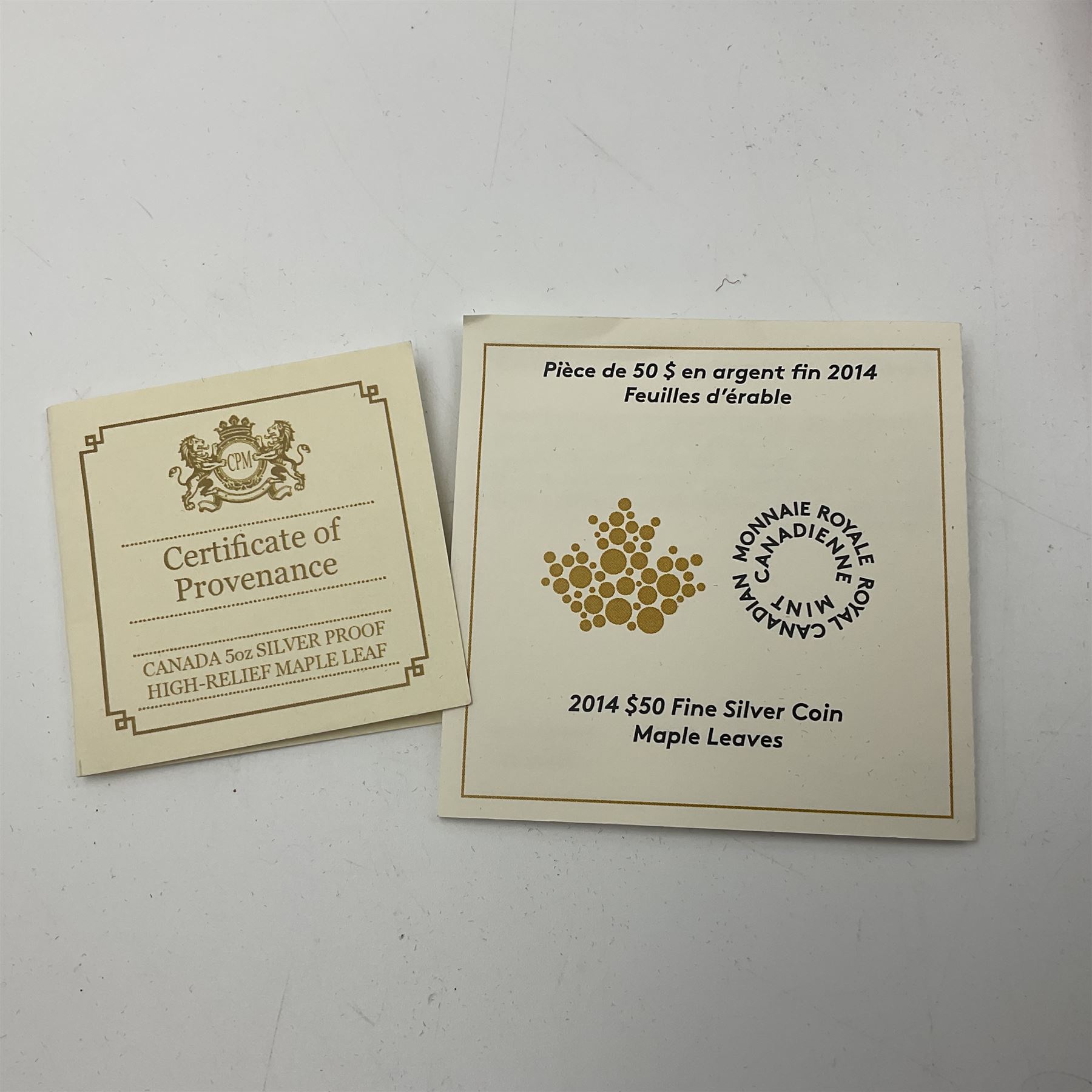 Royal Canadian Mint 2014 'Maple Leaves' fine silver fifty dollar coin, cased with certificate