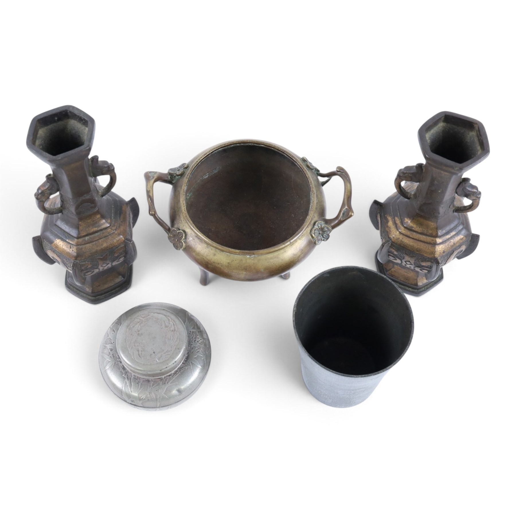 Pair of vases, of Hexagon form with chilong handles, together with tripod censer, and two further pots 