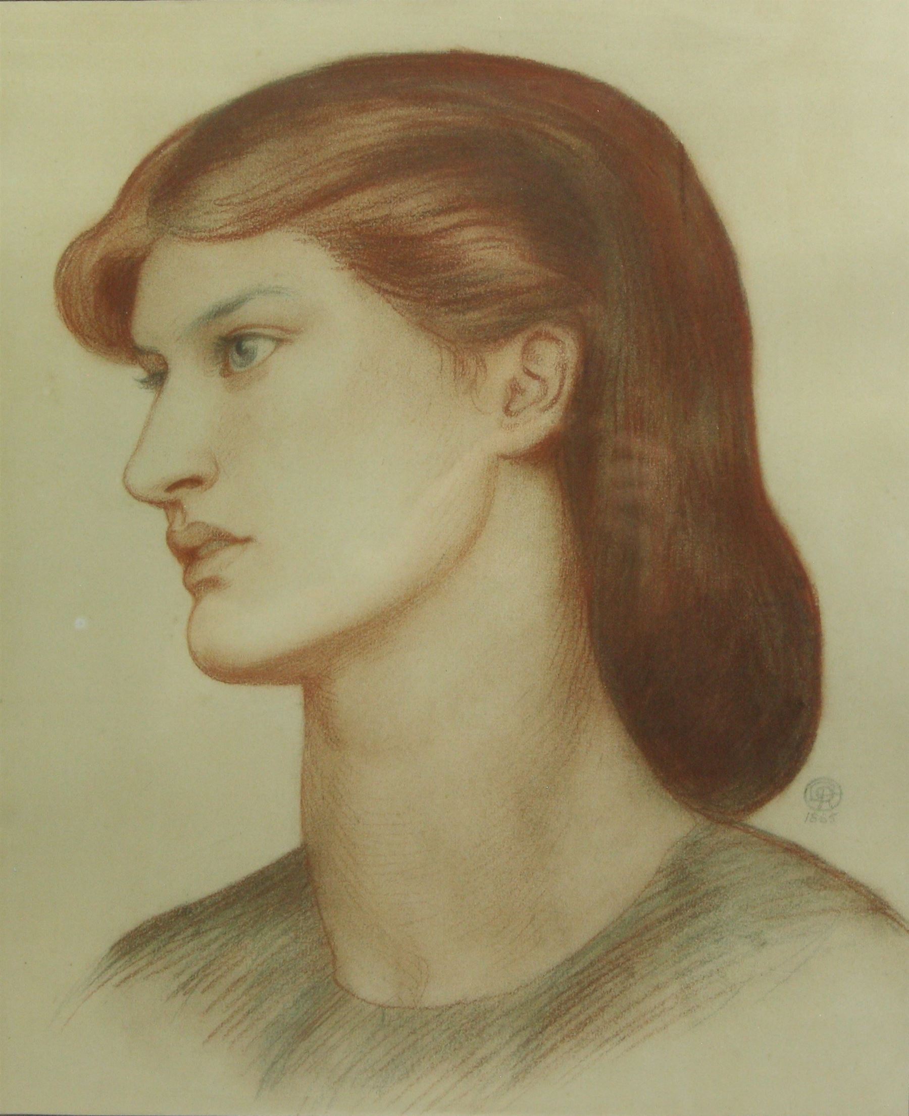 After Dante Gabriel Rossetti (British 1828-1882): Portrait of Alexa Wilding, colour print signed in the plate 44cm x 36cm
Notes: this frame held the original painting this print is after - it was held within this frame from its purchase in 1941 until it was sold at Sotheby's auction (12 July 2007, lot 14) when it was removed.