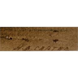 Henry Barlow Carter (British 1804-1868): Fishing Boat on the Beach at Low Tide 'Peel Castle Isle of Man', watercolour signed, titled verso 12cm x 16.5cm 
Provenance: part of a large North Yorkshire single owner life time collection of H B & J N Carter watercolours; with Abbott & Holder, Museum St., London, label verso