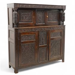William & Mary design oak court cupboard, lunette carved frieze rail on turned and stop-fl...