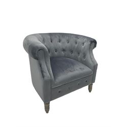 Natural velvet Chesterfield button pressed tub chair with rolled arms, turned oak legs
