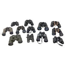 Eleven pairs of binoculars to include Lieberman & Gortz 20x65, Stem (USSR) 7x50, Helios 10x50 Field, Prinz 12x50, Tasco 8x40, Tasco 10x50, etc
