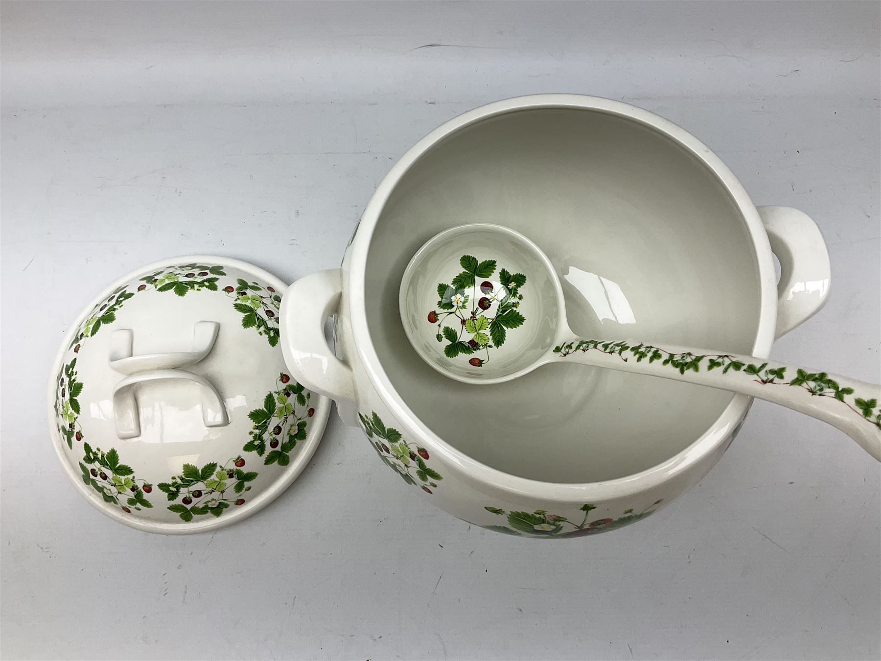 Large Portmeirion decorated in the 'Summer Strawberries' pattern soup tureen and ladle with twin handles, H32cm