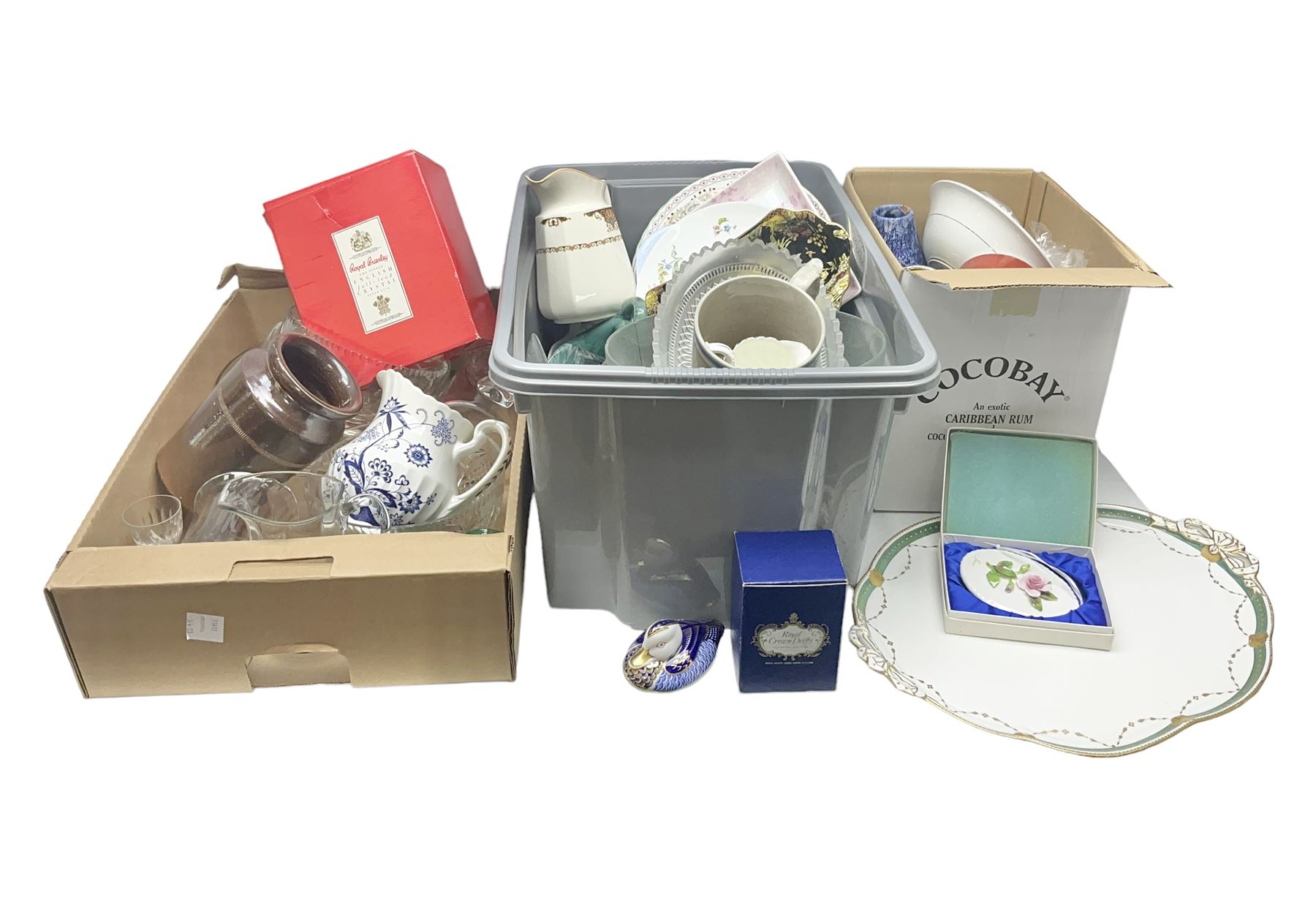 Royal Crown Derby duck, together with Emma Bridgewater mug, Coalport wall plaque and other ceramics and glassware etc, in three boxes 