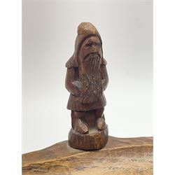 'Gnomeman' tooled oak ashtray of elongated oval form, mounted with carved standing gnome signature, by Thomas Whittaker of Littlebeck