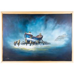 Dean Regan (Northern British 1960-): The Launching of the Robert and Mary Ellis Lifeboat at Whitby circa 1890, oil on canvas signed 75cm x 111cm
