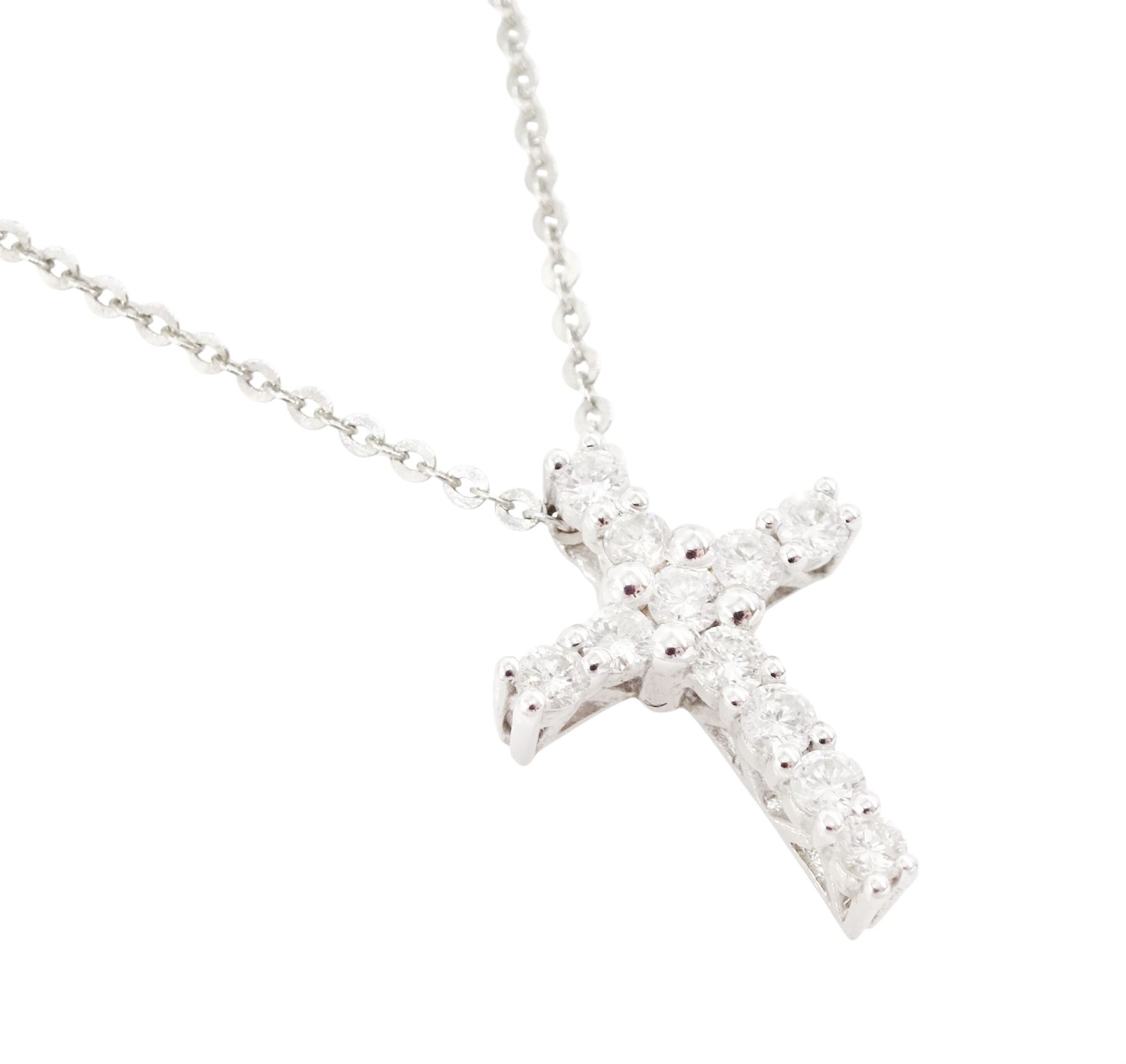 18ct white gold diamond cross pendant necklace, the cross pendant set with eleven round brilliant cut diamonds of approx 0.20 carat, on a trace link chain necklace
