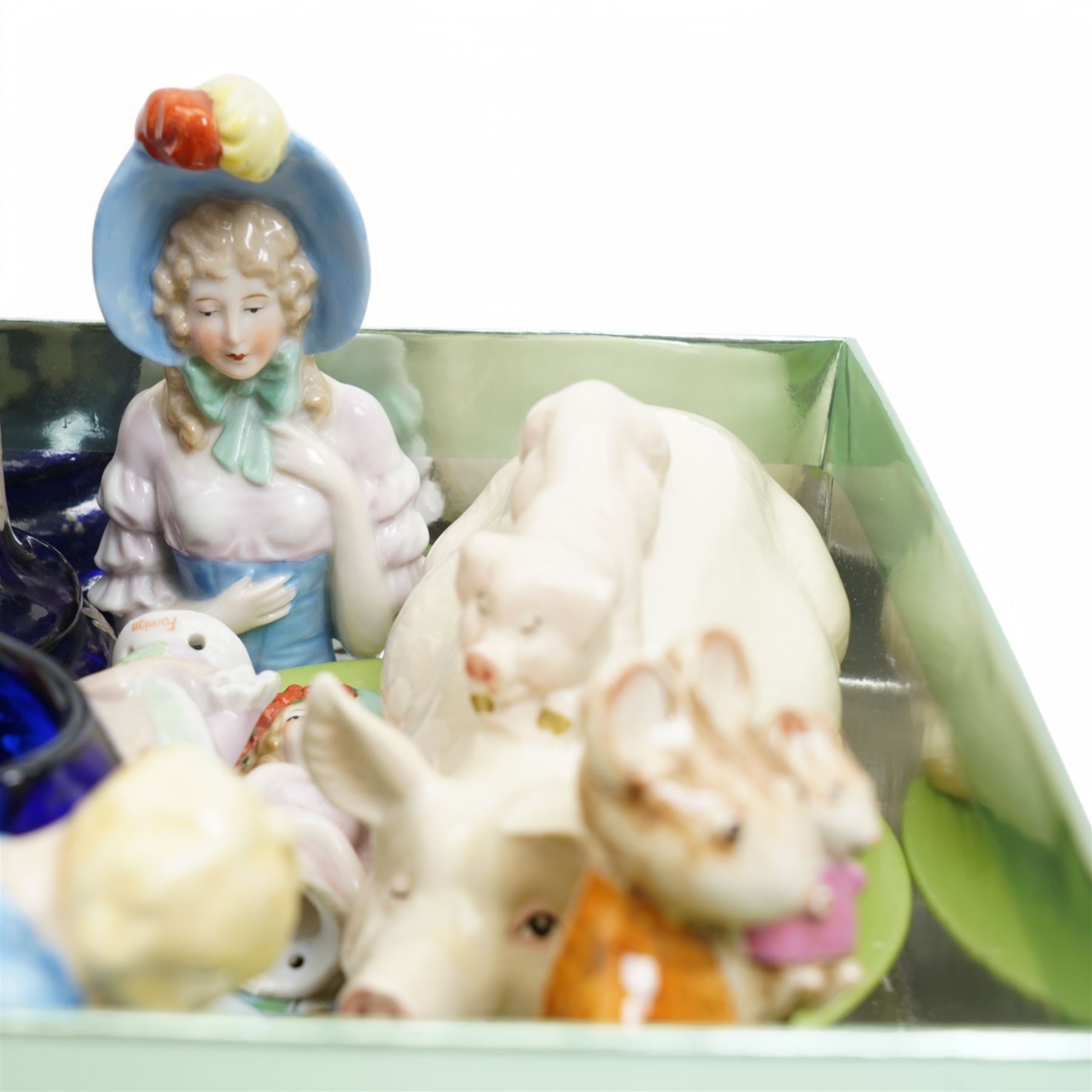 Bevelled glass ormolu jewellery casket, bohemian glass examples, half dolls, beswick items including pig and piglet, Royal Worcester 'Sleepy Boy' figure etc