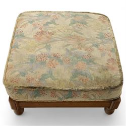 Ercol – bergère four piece suite, including armchair, two seat sofa, three seat sofa and footstool, all with removable floral upholstered cushions, the frames with side caning and rounded arm supports in stained beech

Three seat (H 87cm, D 89cm, W 196cm)
Two seat (H 87cm, D 89cm, W 137cm)
Armchair (H 87cm, D 89cm, W 87cm)
Footstool (H 28cm, D 55cm, W 55cm)