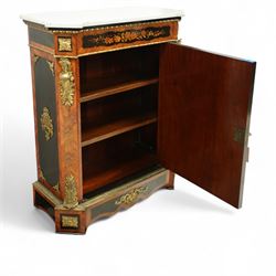 Late Victorian floral marquetry and ormolu mounted side cabinet, with white marble top above a frieze of floral inlay, single cupboard door revealing a shelved interior, with central floral bouquet panel within gilt-bronze border, flanked by gilt metal mounts of female masks and scrolls, on shaped plinth base