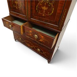19th century French Louis XVI design mahogany and polychrome painted gentleman's press wardrobe - projecting cavetto cornice with urn and bellflower painted frieze, the twin doors with classical figural medallions surmounted by urns and festoon decoration with scrolling acanthus leaves, enclosing five sliding trays, the base fitted with two short over three long cock-beaded drawers, the facias painted with interlocking swags and garlands of bouquets with recumbent lion brass handle-plates, lower reeded edge on turned feet