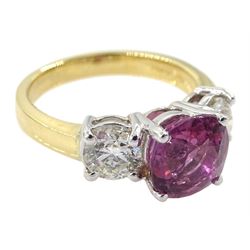 18ct gold three stone round pink sapphire and round brilliant cut diamond ring, hallmarked, sapphire approx 2.90 carat, total diamond weight approx 1.05 carat