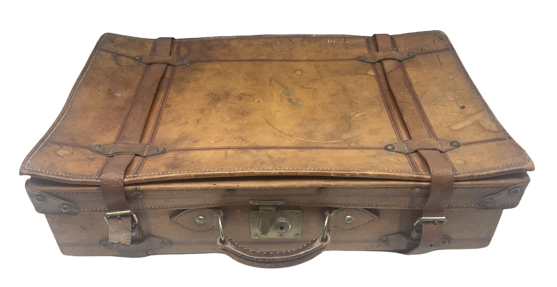 Late 19th/early 20th century stitched and studded leather portmanteau type suitcase with expanding lid and straps, L61cm