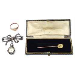 Early 20th century 9ct rose gold shield ring, London 1919, gold diamond stick pin, boxed and a later silver marcasite fob watch by Ciro, on silver marcasite bow