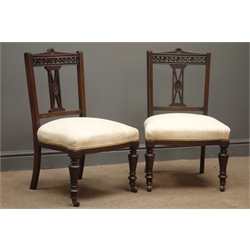  Pair Edwardian mahogany bedroom chairs, pierced splat, upholstered seat, turned supports  