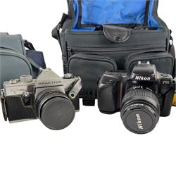 Nikon F50 and  Praktica TL1000 camera bodies, together with lenses and accessories, including Nikkor AF 35-80mm, Nikkor AF 70-210mm, tripod, carry cases, etc