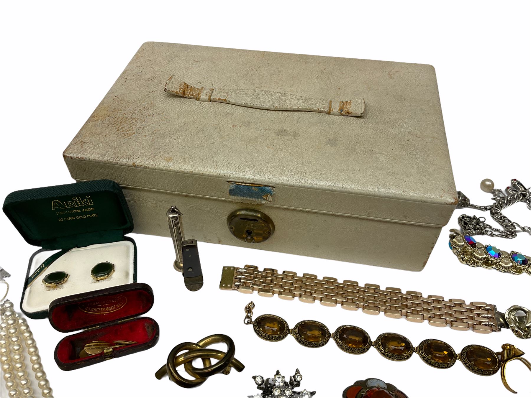 Silver cigar piercer by Dunhill, Birmingham 1958, gold garnet ring, stamped 9ct, Victorian rose gold shank hallmarked with soldered gilt cameo head and a collection of vintage and later costume jewellery