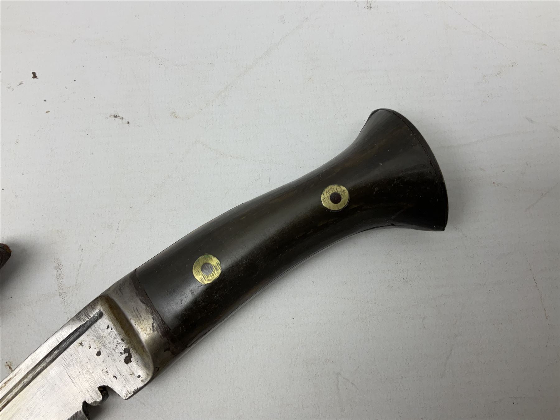 WW2 Gurkha Kukri knife with 34cm curving steel blade and horn handle; in leather covered scabbard with dual belt loops and two horn handled skinning knives L47cm overall; and collection of fourteen military and other folding and pocket knives including WW2 British Army clasp jacknife, J.H. Thompson C.C.1286 army knife dated 1954, Brookes & Crookes multiblade pocket knife etc (15)