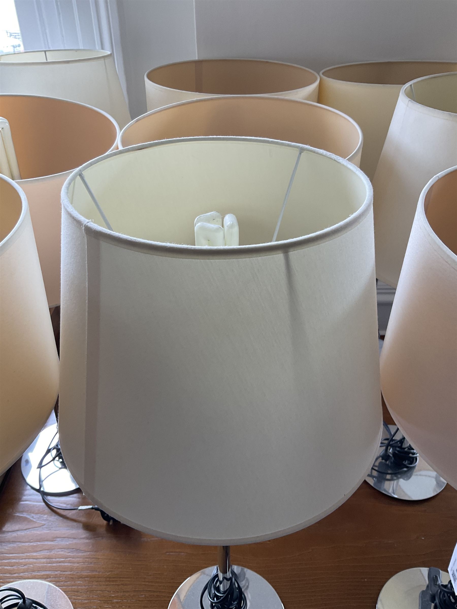 Set of fifteen chrome table lamps with various shades (15)- LOT SUBJECT TO VAT ON THE HAMMER PRICE - To be collected by appointment from The Ambassador Hotel, 36-38 Esplanade, Scarborough YO11 2AY. ALL GOODS MUST BE REMOVED BY WEDNESDAY 15TH JUNE.
