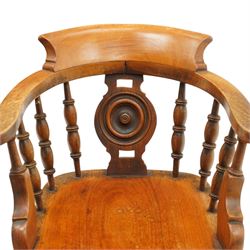 Victorian mahogany Captains chair, central roundel splat flanked by turned spindles, on turned supports united by double H-stretcher