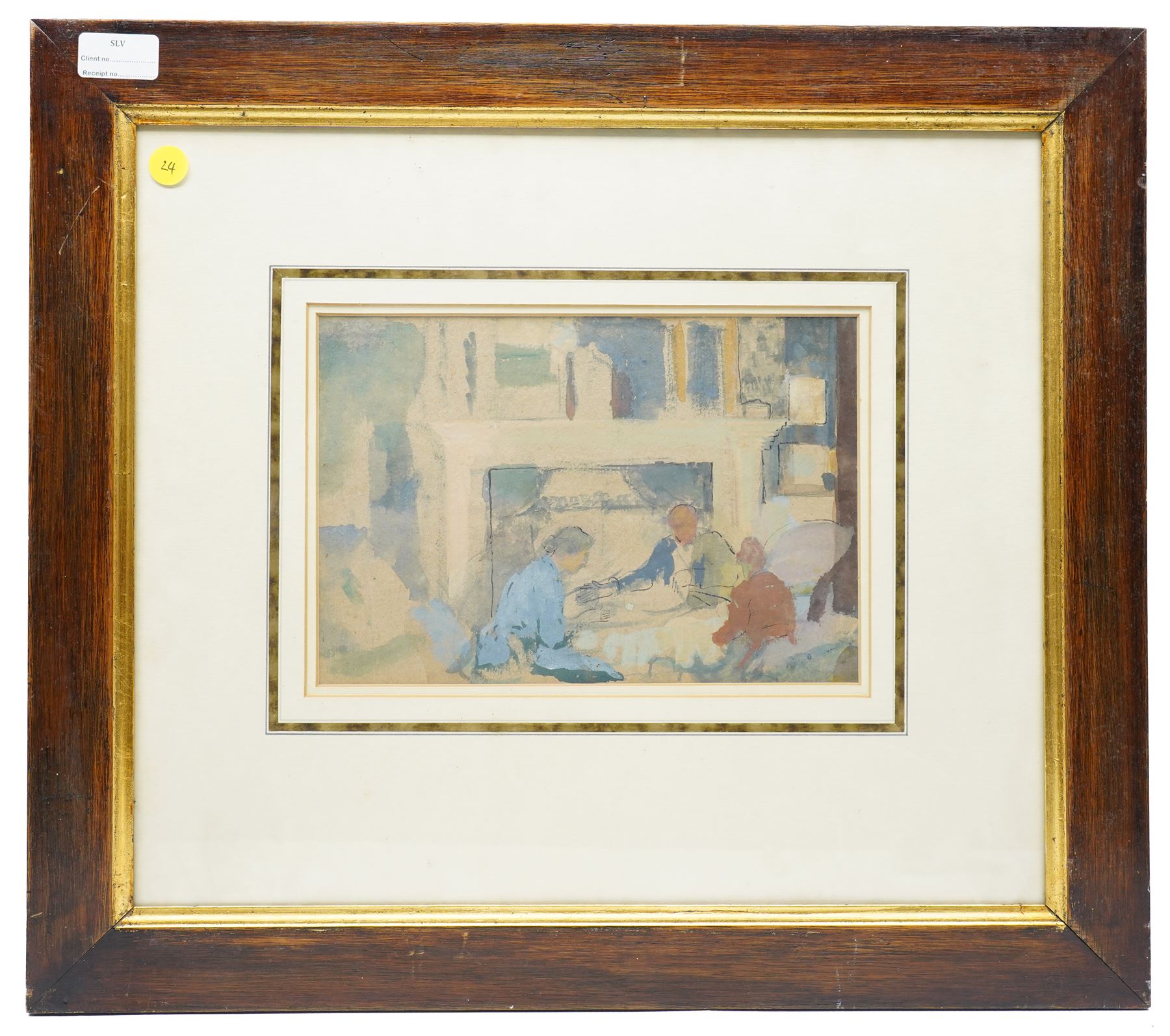 H Rutherford (British 19th/20th Century): Figures and Horses Walking Past a Barn and English School (19th/20th Century): Family Playing Games by the Fire, set of two watercolours one signed and dated '23 max 24cm x 33cm (2)