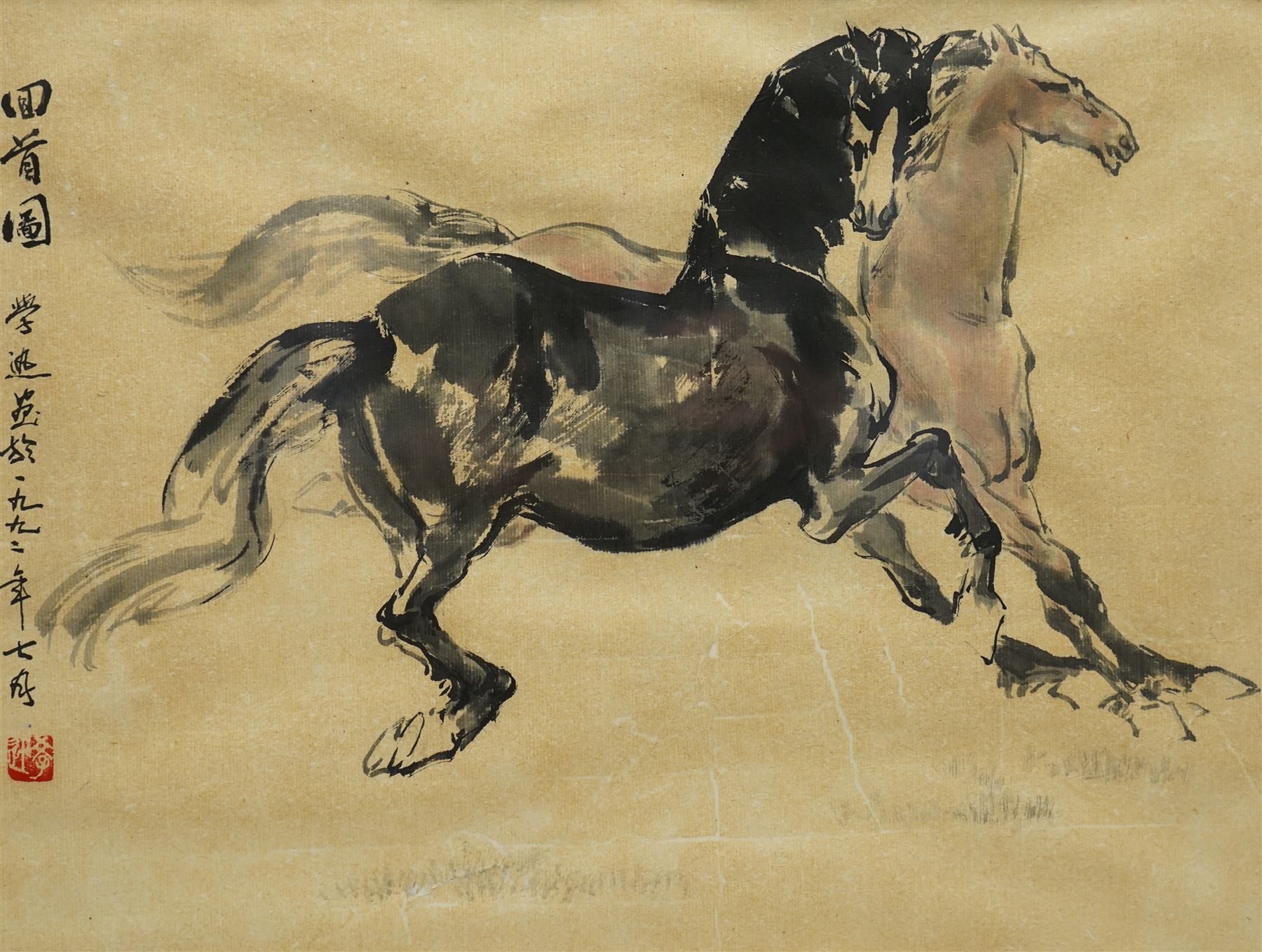 Circle of Xu Beihong (Chinese 1895-1953): Stallions, monochrome watercolour on laid paper signed with artists seal 30cm x 40cm