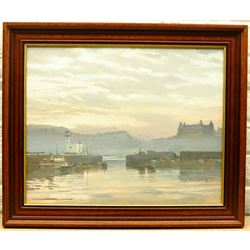 George Dickinson (British 20th century): Scarborough Harbour at Dusk, oil on board signed and dated 1990, 40cm x 50cm
