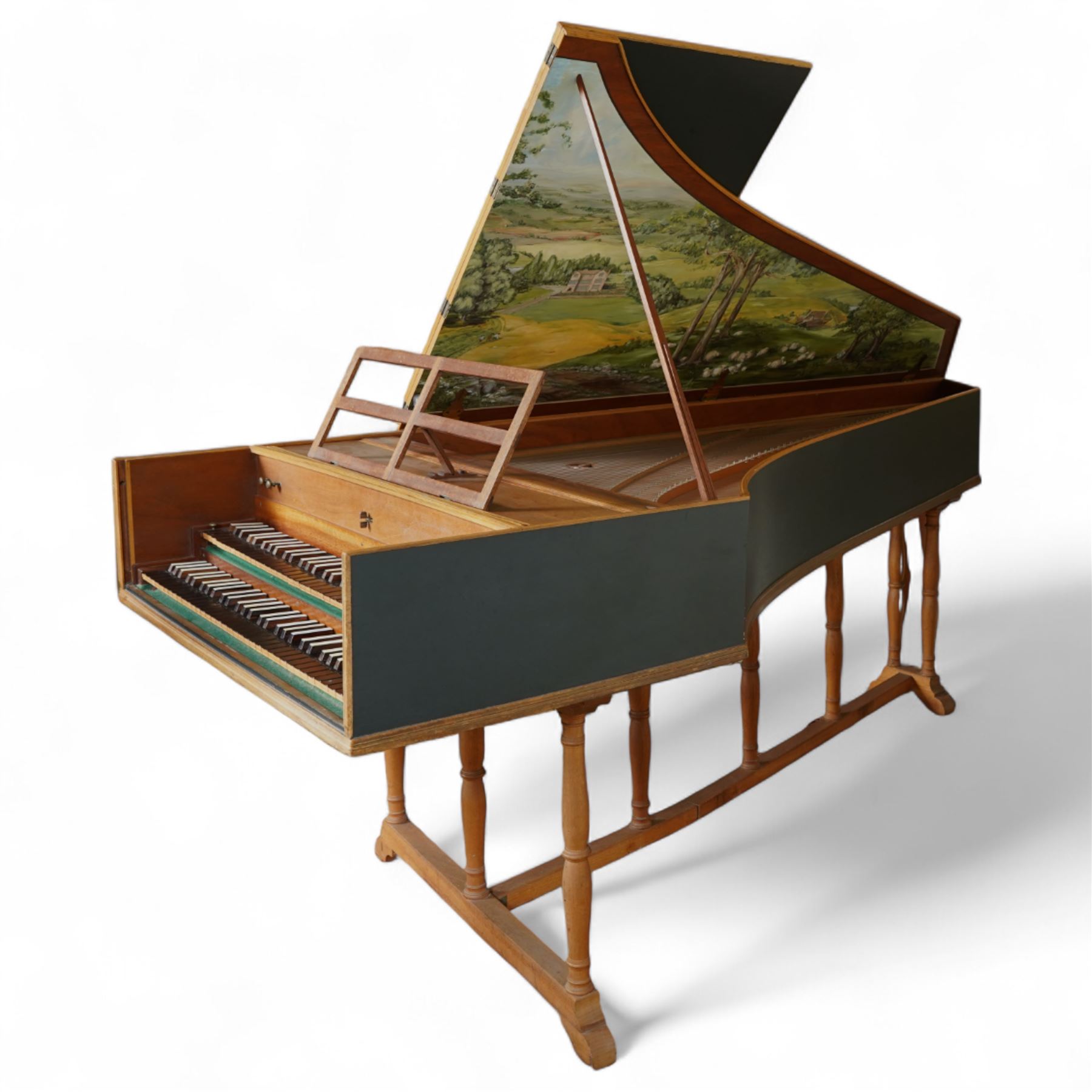 20th century “French style” Two manual Harpsichord by John Rooks of Tincknall (1971).
Double manual keyboards with three sets of strings: Two Unison, one octave and “buff” stop. Black outer casing with gold banding, five octave keyboards with 63 keys E1-G6, with black naturals and synthetic covered white sharps, inner lid painted with a rural scene, with adjustable music desk. Soundboard, bridges, strings and synthetic jacks in good condition with just one small crack to the treble area of the soundboard, key action with reasonable repetition and damping but in need of some regulation, case raised on turned baluster supports.

 You can find and listen to an example of Alan Cuckston playing this particular Harpsichord in the link below:
The King’s Hunt by John Bull

Given the intricate nature of these historic instruments, specialist support will be available if required, to assist successful buyers with safe removal and onward handling. Price upon application. 

