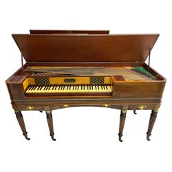 James Rigg, London -early 19th century mahogany and maple square piano c1817, with a 68 key compass (A-C) original hammers, jacks and felt, satinwood interior with ebony and ivory keys, the fretwork interior back inscribed 'James Rigg, 3 Providence Row, Finsbury Square, London', decorated with twist gilt metal edging, fitted with three drawers, on Gillows design turned and reeded supports with brass cups and castors.

This item has been registered for sale under Section 10 of the APHA Ivory Act