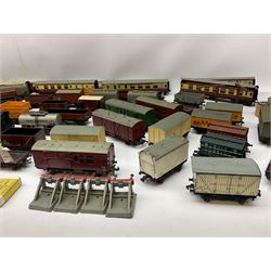 Hornby Dublo - nine passenger coaches, forty-two wagons, small quantity of 3-rail track, level crossing and other accessories; all unboxed