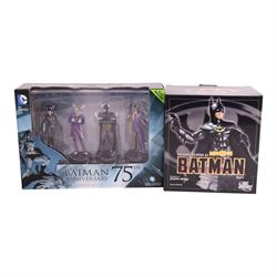 Batman figures and models, comprising Eaglemoss Batman 75th Anniversary Masterpiece Collection, Toy Biz Turbine Sound Batmobile, Corgi 1:24 scale Batmobile, Eaglemoss Batcycle, DC Direct Michael Keaton as Batman bust and an Eaglemoss Batman Automobilia Collection Special Edition Arkham Knight Video Game Batmobile, all boxed