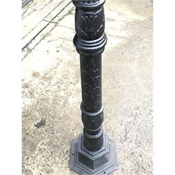 *Victorian style black painted cast iron street lamp, tapering lantern with pointed finials, on stepped hexagonal base, H319cm