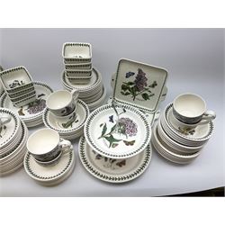 Portmeirion Botanical Garden tea wear, dinner wear and clock, including 
two tiered cake stand, two small trays, eight small square bowls, eight canape dishes, six cups and saucers, eleven coffee cups, forty plates of various sizes and nineteen bowls.  
