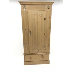 Solid pine wardrobe, projecting cornice, single door above single drawer, plinth base (W98cm, H200cm, D56cm) and pine bedside chest, three drawers (W46cm, H62cm, D44cm)