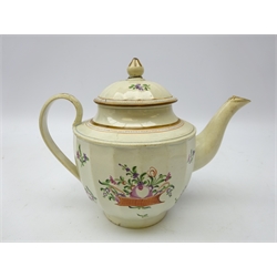  18th century Pearlware teapot, painted with flowers in polychrome enamels and verse 'Elizabeth Pattifon. Sowerby Ladies all I pray make Free. & tell me how you like your Tea. 1800' H18cm and 18th century jug, painted with floral sprays, ribbon and sprig border in polychrome enamels (2)  